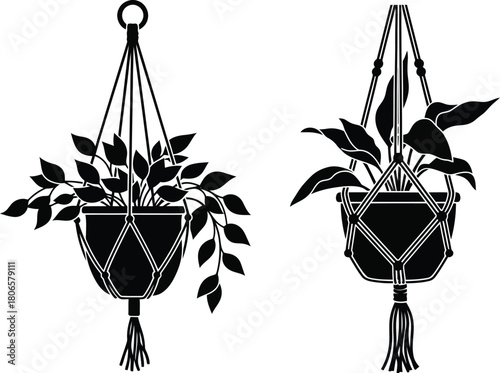 Black and white illustration of two hanging macrame plant holders