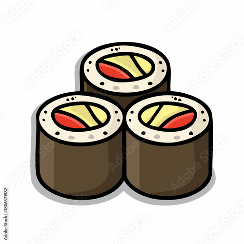 A delightful and playful illustration of three stacked maki sushi rolls, captured in a charming hand-drawn doodle style, perfect for food-related designs or culinary themes