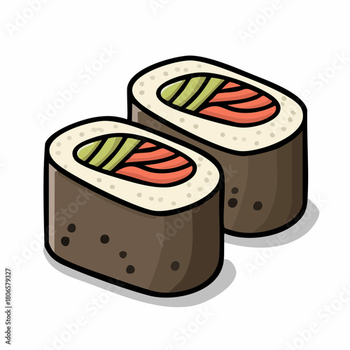 A delightful cartoon doodle of two fresh sushi maki rolls, featuring salmon and avocado wrapped in nori seaweed and rice, an iconic Japanese dish isolated on a white background