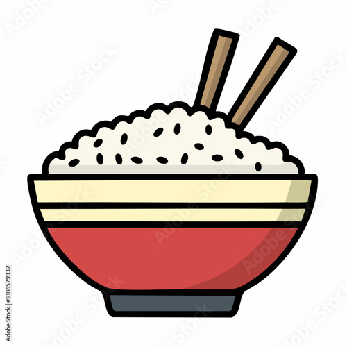 A simple yet delicious bowl of steamed white rice with chopsticks, depicted in a clean cartoon illustration. This icon represents a staple meal in many Asian cuisines like Japanese or Chinese food