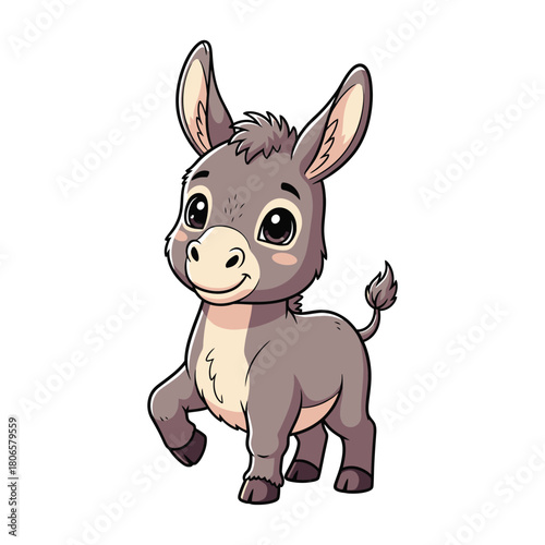 Adorable baby donkey with bright eyes prancing happily, a cute cartoon animal perfect for children's content or playful designs, originally a vector