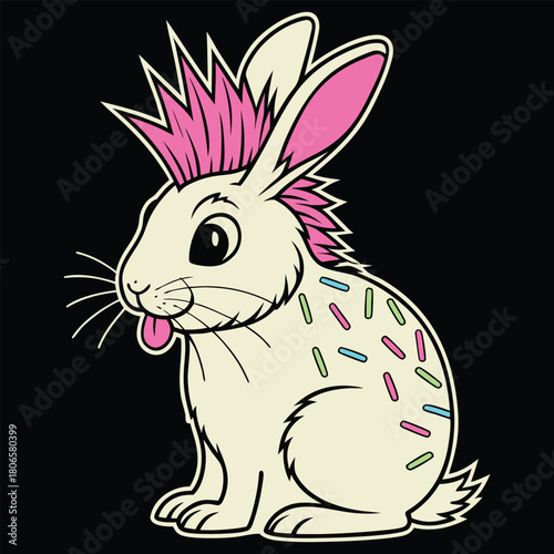 Punk rock bunny with pink mohawk and sprinkles on fur rabbit