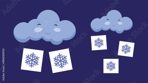 Snowy weather. Set of clouds with snowflakes. Vector illustration