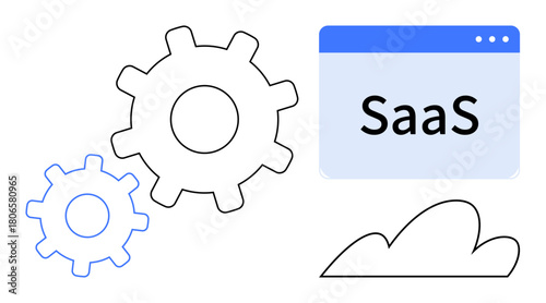 Gears in motion beside a cloud and browser window labeled SaaS, representing modern cloud-based software integration. Ideal for technology, innovation, business, cloud, automation, process, digital