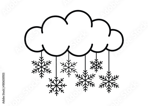 Winter weather cloud with falling snowflakes graphic element for weather forecasts and seasonal designs minimalist line drawing