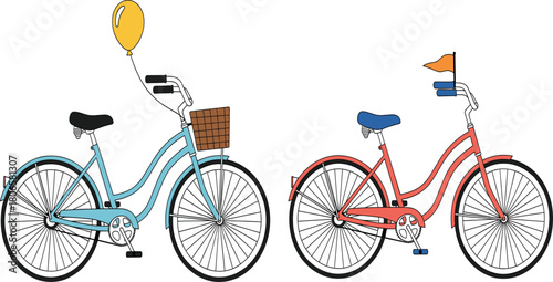 Set of Cute City Bicycles Vector Illustration, Urban Commuting and Retro Bike Design.