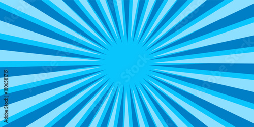 Comic background. Pop art texture. Starburst cartoon style. Anime design with explosion effect for print. Fun dot pattern. Blue backdrop with halftone gradient. Funny line frame. Vector illustration