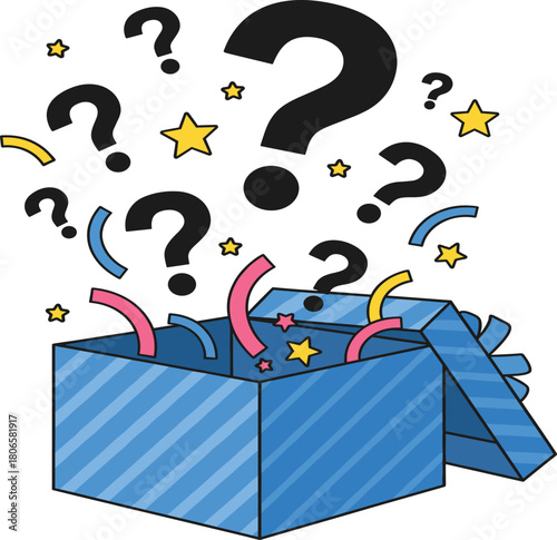 Question Mark Popping Out of Gift Box Vector Illustration, Mystery, Surprise, and Unknown Concept.