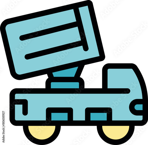 Dump truck unloading its cargo box on a construction site, industrial vehicle icon