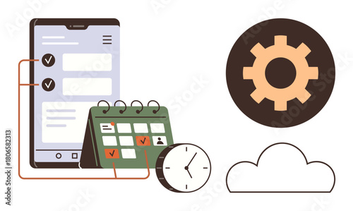 Mobile device showing tasks, calendar with planner, clock, gear for settings, and cloud. Ideal for organization, productivity, workflows, schedule planning technology cloud computing simple flat