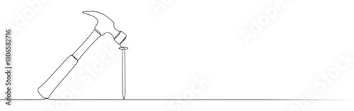 A continuous one-line drawing of a hammer striking a nail, representing construction, work, and precision