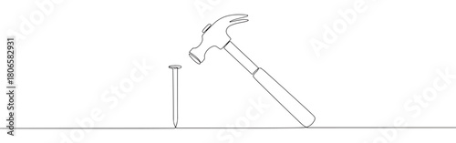 A continuous one-line drawing of a hammer striking a nail, representing construction, work, and precision