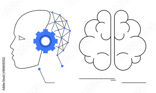 Human head linked to abstract neural network and brain outline with mechanical gear. Ideal for AI, technology, innovation, learning, communication, data science, future thinking. Minimalistic flat