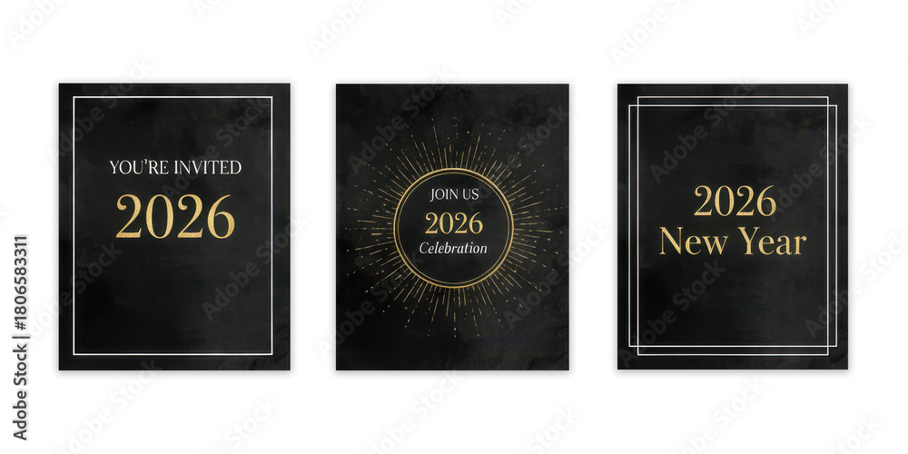 Naklejka premium Luxurious black and gold New Year's invitation designs 2026