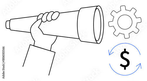 Hand holding telescope for strategy and future planning, accompanied by cogwheel for process optimization and dollar sign with arrows for financial growth. Ideal for finance, planning, business