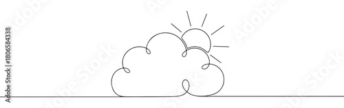 A continuous one-line drawing of a cloud with a sun peeking out, symbolizing weather, hope, and new beginnings