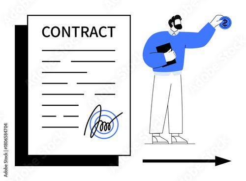 Signed contract with bold signature and man holding a dollar coin and document. Ideal for business, legal agreements, partnerships, negotiations, finance, investment, corporate communication. Simple