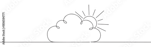 A continuous one-line drawing of a cloud with a sun peeking out, symbolizing weather, hope, and new beginnings