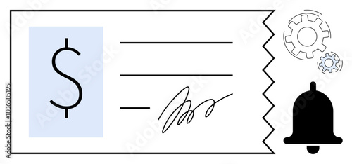 Financial check featuring signature and dollar sign, alert bell for notifications, and gear wheels for settings. Ideal for finance, payment reminder, transaction, service optimization, notification