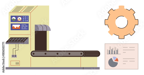 Industrial conveyor belt with control panel, gear element, and data analytics chart. Ideal for manufacturing, automation, production, process optimization, technology, workflows simple flat metaphor