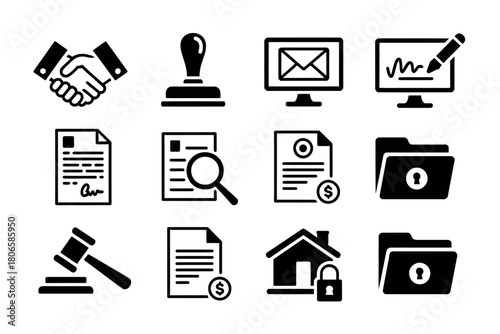 A collection of legal and business icons representing contracts, seals, email, signatures, searches, and secure documents.