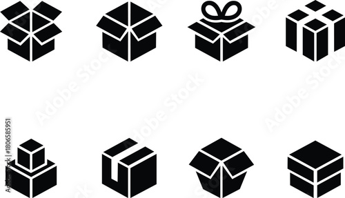 Collection of Black Box Icons Representing Shipping Delivery and Gifts