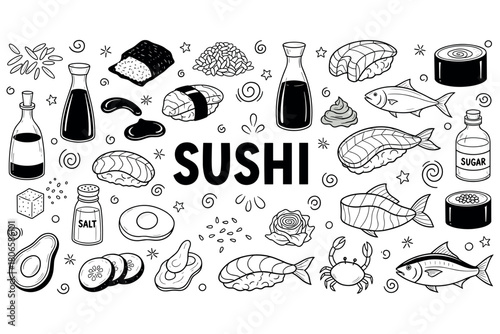 Black and white sushi ingredients and dishes illustration with fish, rice, and sauce bottles