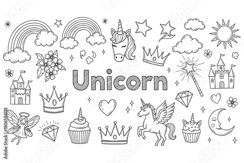 Whimsical unicorn and fairy tale elements with castles and rainbows