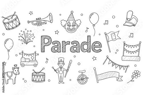 Festive parade celebration with clown, drum, trumpet, and decorative balloons