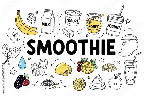 Smoothie ingredients: fruits, yogurt, honey, and more illustrated