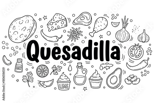 Doodle style ingredients and elements surrounding quesadilla text design