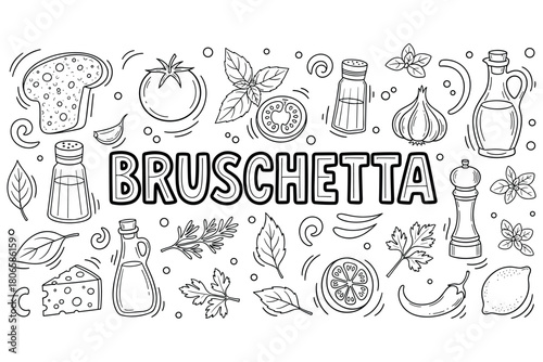 Bruschetta ingredients sketch: bread, tomato, herbs, oil, garlic, cheese
