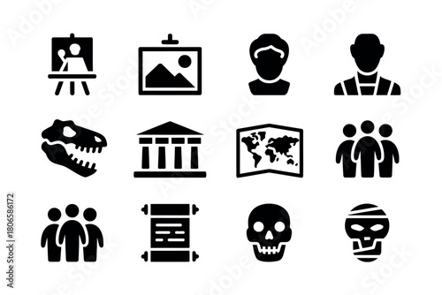 A collection of silhouette icons represents various aspects of history, including ancient artifacts, human figures, maps, and educational symbols.