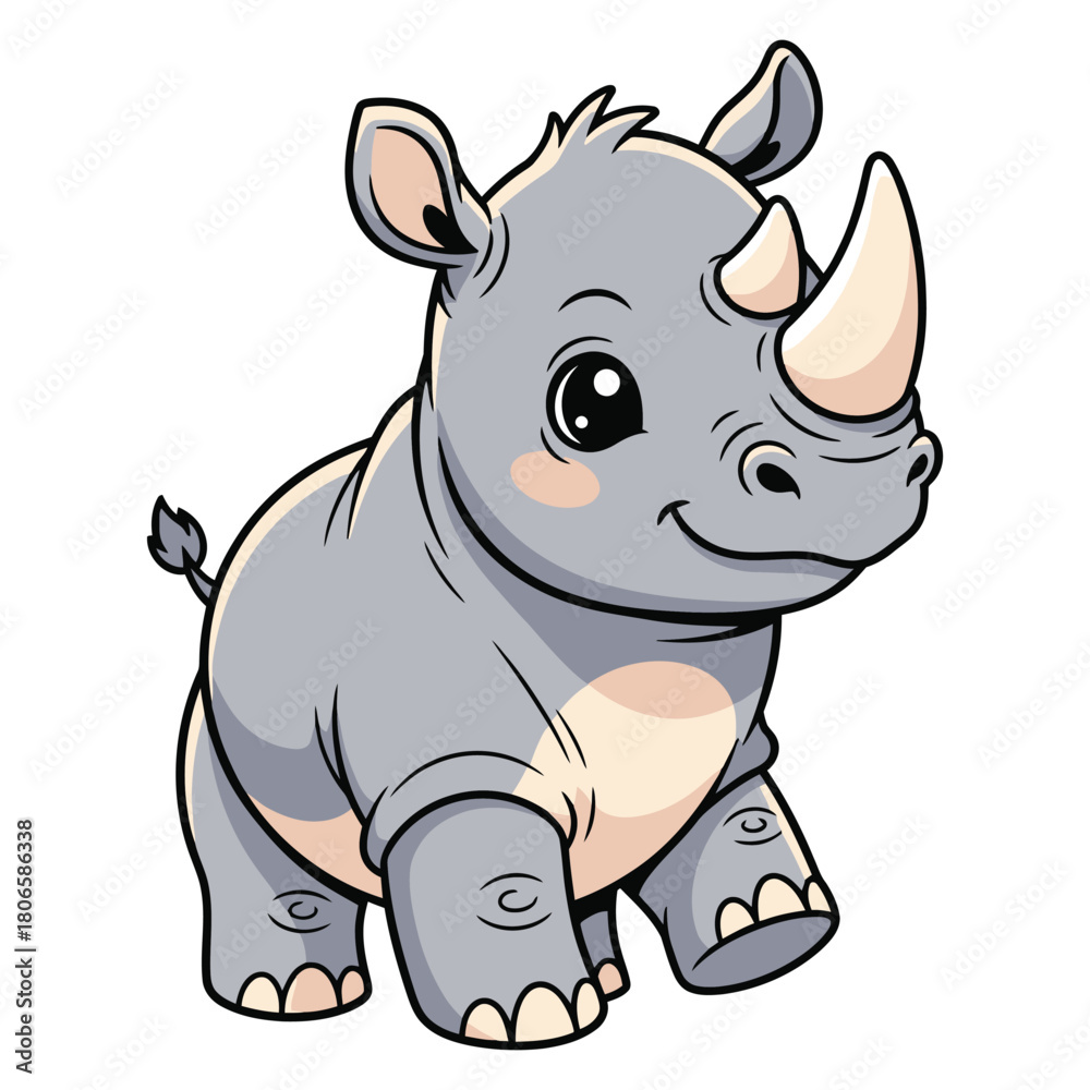 Fototapeta premium Adorable cartoon rhinoceros with big eyes and a cute smile, perfect for children's illustrations and educational materials, originally vector art