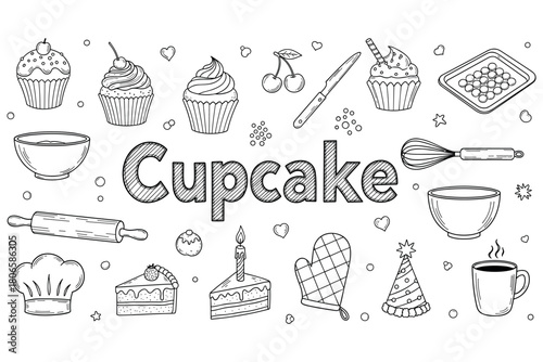 Cupcake and baking essentials: whisk, rolling pin, chef hat, sweets, and accessories