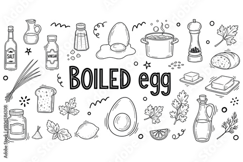Boiled egg preparation: ingredients and cooking tools illustrations