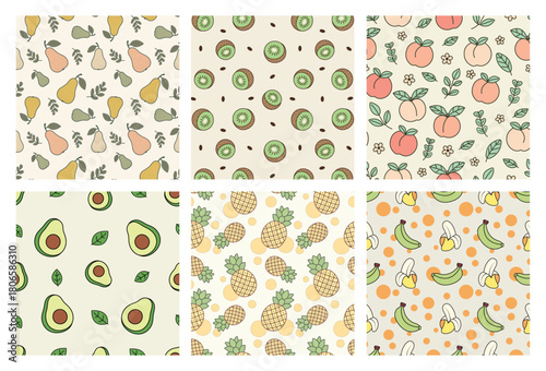 Cute fruit pattern collection with pears kiwi peach avocado pineapple banana hand drawn tropical illustrations