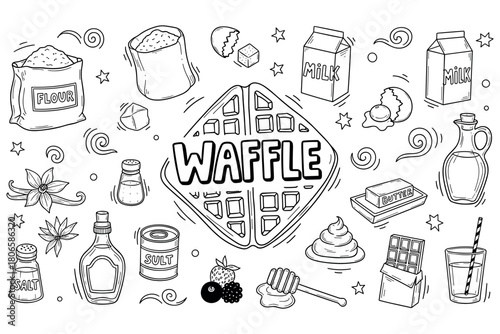 Waffle ingredients sketch: flour, milk, eggs, butter, syrup, berries, vanilla, chocolate