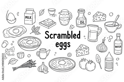 Scrambled eggs ingredients illustration with milk, cheese, tomatoes, herbs, and spices