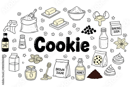 Doodle style cookie ingredients with baking essentials and decorative elements