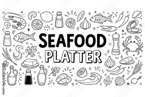 Seafood platter illustration with fish, shrimp, crab, spices, and vegetables