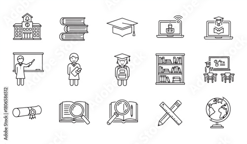 School & Education Icon Set – Student, Classroom, Teacher, Study, University, Learning Vector Illustrations