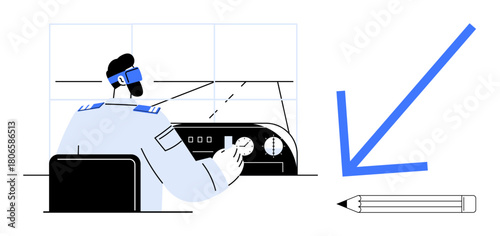 Pilot adjusting aircraft control panel switches while monitoring instruments and taking notes with pencil. Ideal for aviation, pilot training, navigation, communication, technology, precision