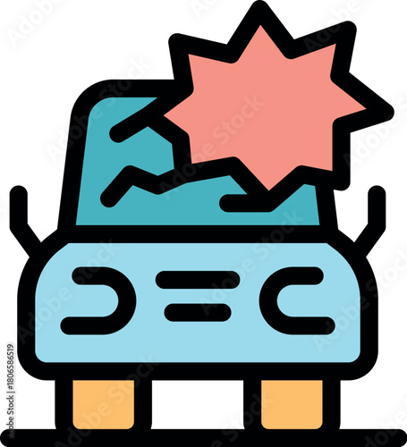 Car with cracked windshield after an accident, featuring a star shaped impact mark, symbolizing collision and damage