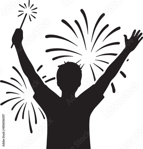 Person celebrating with a sparkler and fireworks display.