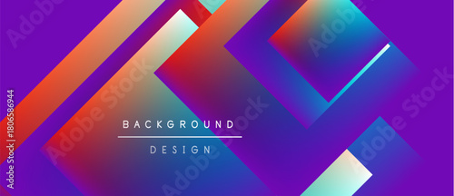 Abstract geometric shapes overlap, creating vibrant color gradients. Purple, blue, orange hues dominate design. Text reads background design.