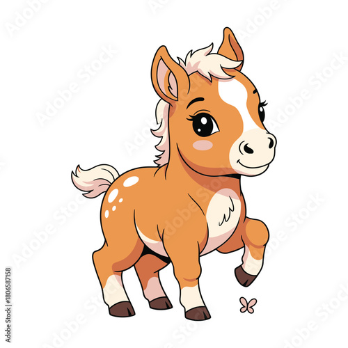 Adorable cartoon pony prancing playfully, a charming illustration perfect for children's books and heartwarming animal-themed designs, scalable vector