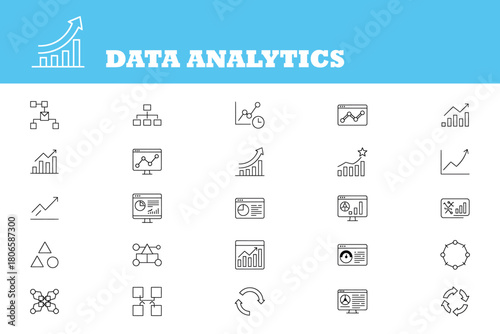 Boost your business with insightful data analytics icons for modern presentations and website designs showing trend graphs and workflow charts