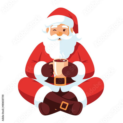 Santa Claus winking and enjoying hot cocoa Christmas cheer, a festive moment of rest, perfect for holiday promotions and seasonal greetings