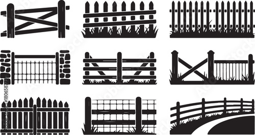 Collection of Black Silhouette Farm Fences and Gates with Grass Detail rural agriculture